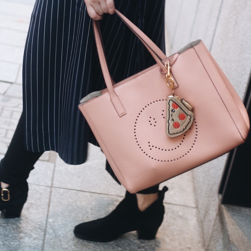 Anya Hindmarch Pink Smiley Tote with Pizza accessory